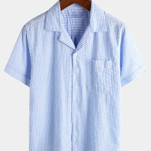 Coton Bleu Rayé Homme Bouton d’été Haut Col Cubain Camp Chemise de plage à manches courtes