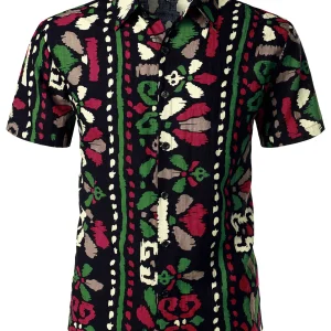 Chemise noire bohème à manches courtes d'été à imprimé floral tribal rétro pour hommes