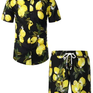 Ensemble chemise et short hawaïen en coton imprimé citron pour hommes, fruits tropicaux