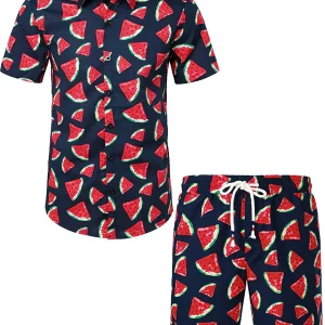 Ensemble chemise et short hawaïen en coton imprimé pastèque pour hommes