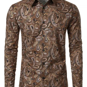 Chemise à manches longues en coton respirant marron à imprimé cachemire rétro pour homme