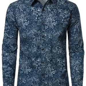 Men's Paisley Floral Cotton Blue Long Sleeve Shirt