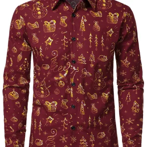 Chemise de Noël à manches longues pour homme en coton rouge