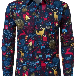 Chemise de Noël bleue à manches longues en coton pour homme