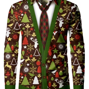 Chemise à manches longues marron à imprimé humoristique de Noël vintage pour homme