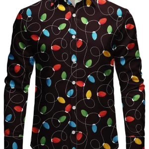 Chemise de Noël noire à manches longues pour homme avec guirlandes lumineuses de Noël