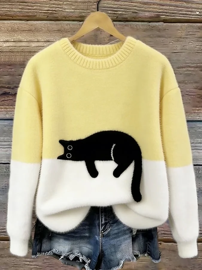 Camille | Pull Femme Décontracté en Maille Douce avec Motif de Chat Noir – Image 7