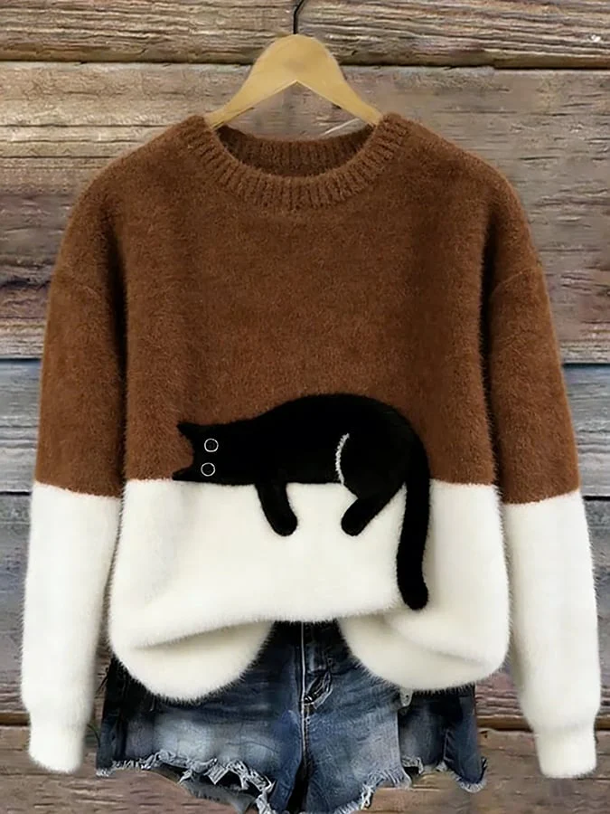 Camille | Pull Femme Décontracté en Maille Douce avec Motif de Chat Noir – Image 9