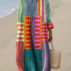 Rose | Robe Longue Femme Patchwork Colorée Été À Manches Longues