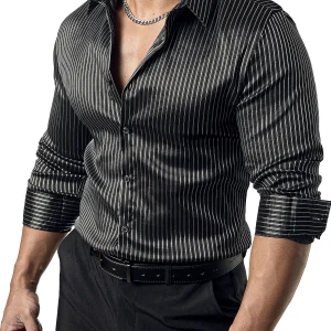 Chemise à manches longues en satin texturé rayé pour homme, coupe slim, sans plis, avec boutons