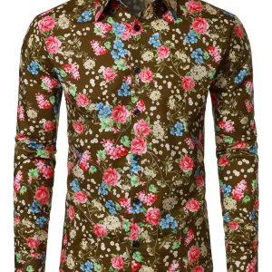 Chemise à manches longues marron en coton respirant à imprimé floral des années 70 pour homme