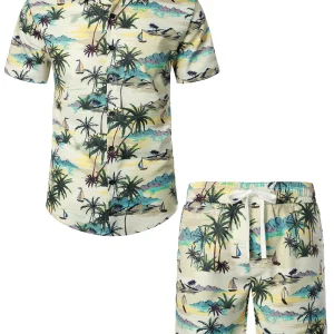 Ensemble chemise et short assortis pour hommes, palmier Beige Island, décontracté, hawaïen, été
