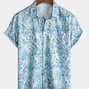 Chemise d'été à manches courtes et poches respirantes pour homme, imprimé floral bleu