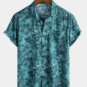 Chemise hawaïenne boutonnée à manches courtes et imprimé floral bleu pour homme