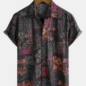Chemise boutonnée vintage à manches courtes pour homme, idéale pour les fêtes