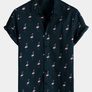 Chemise à manches courtes décontractée hawaïenne pour homme avec motif animal flamant rose