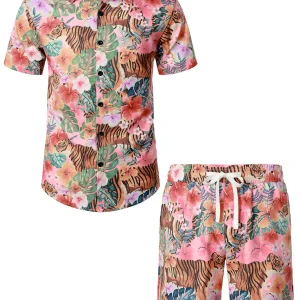 Ensemble chemise et short hawaïen à imprimé flamant rose pour hommes