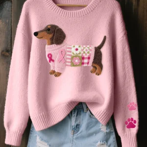 Émilie | Pull Femme Doux avec Motif Teckel et Détails Patchwork