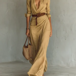 Céline | Robe Longue Femme Maxi Élégante avec Manches Longues et Ceinture