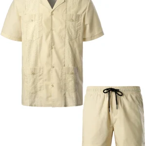 Ensemble chemise et short assortis pour hommes, grande taille, boutonné, cubain Guayabera