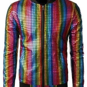 Blouson zippé paillettes métalliques homme costume de soirée disco