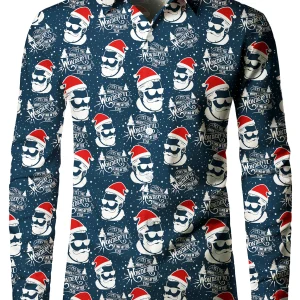 Chemise à manches longues bleue du festival de Noël du Père Noël pour hommes