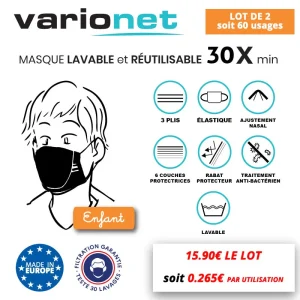 Masque lavable réutilisable ENFANT anti-projections Varionet - LOT DE 2, LOT DE 5 ou LOT DE 10